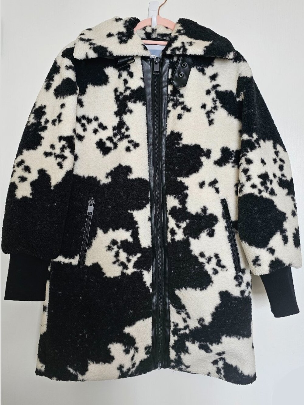 NVLT Berber Cow Print Faux Fur Jacket Coat XS Black/Cream